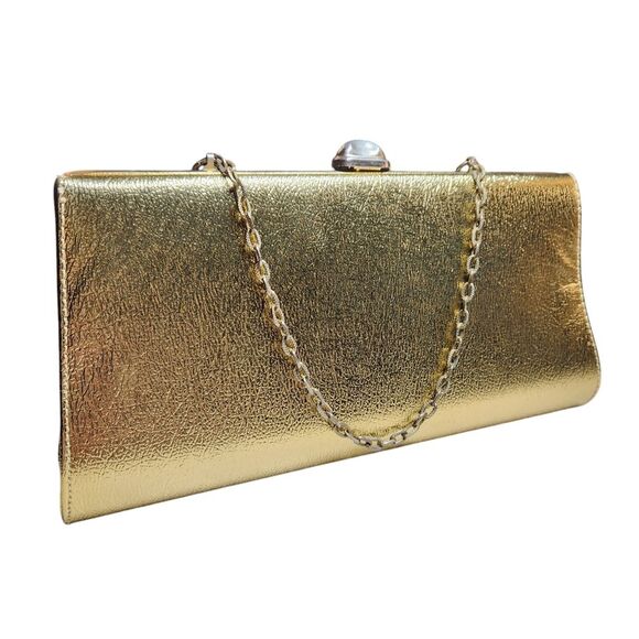 Vintage 60s Leather Gold Clutch Purse Handbag Metallic Chain Handle Envelope MCM - Picture 15 of 16